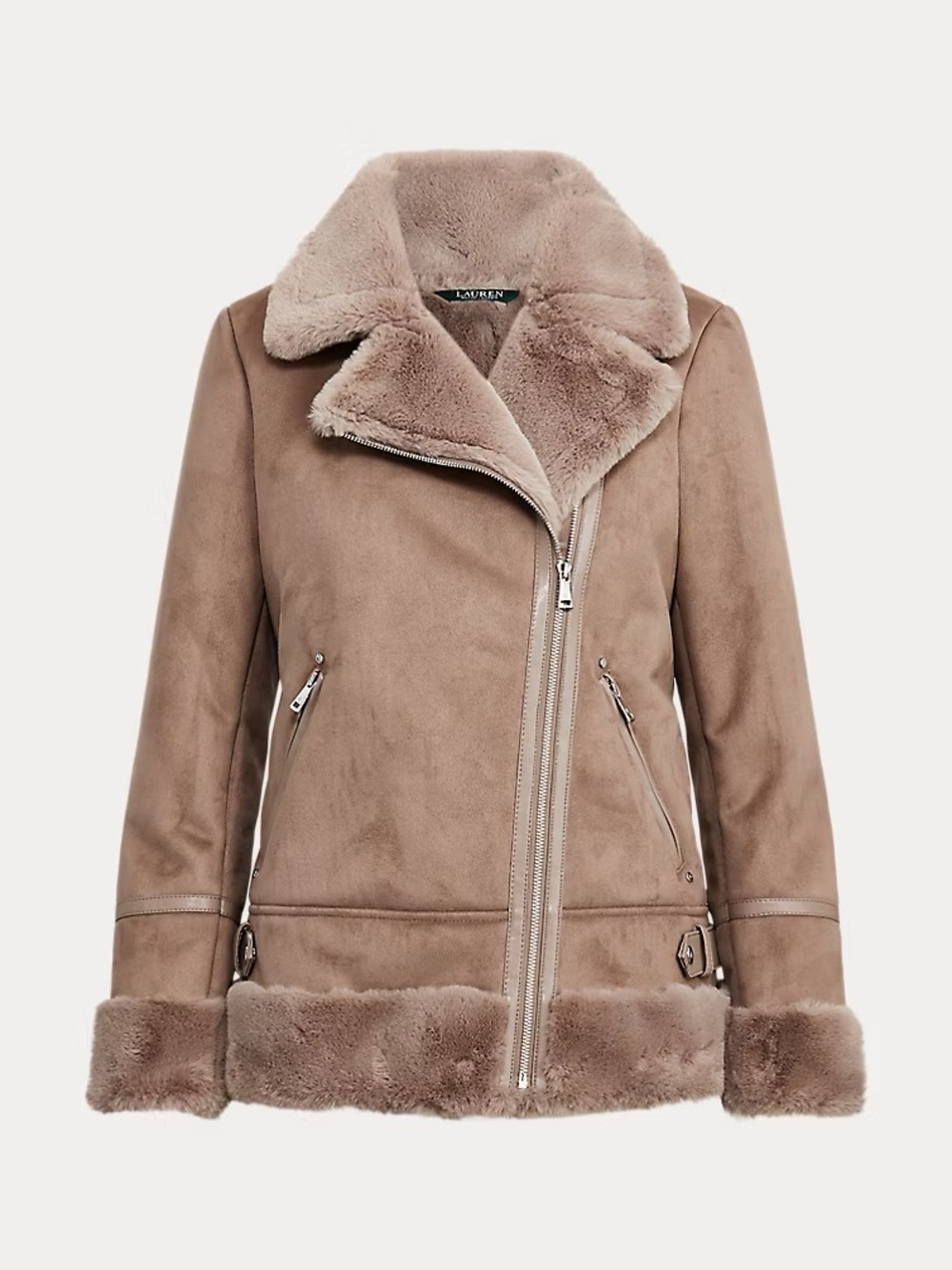 Ralph Lauren Taupe Faux-Shearling Moto Jacket
